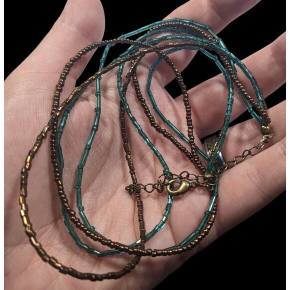 Earthy Blue And Copper Tone Glass Beaded Layered Necklace - Picture 5 of 6